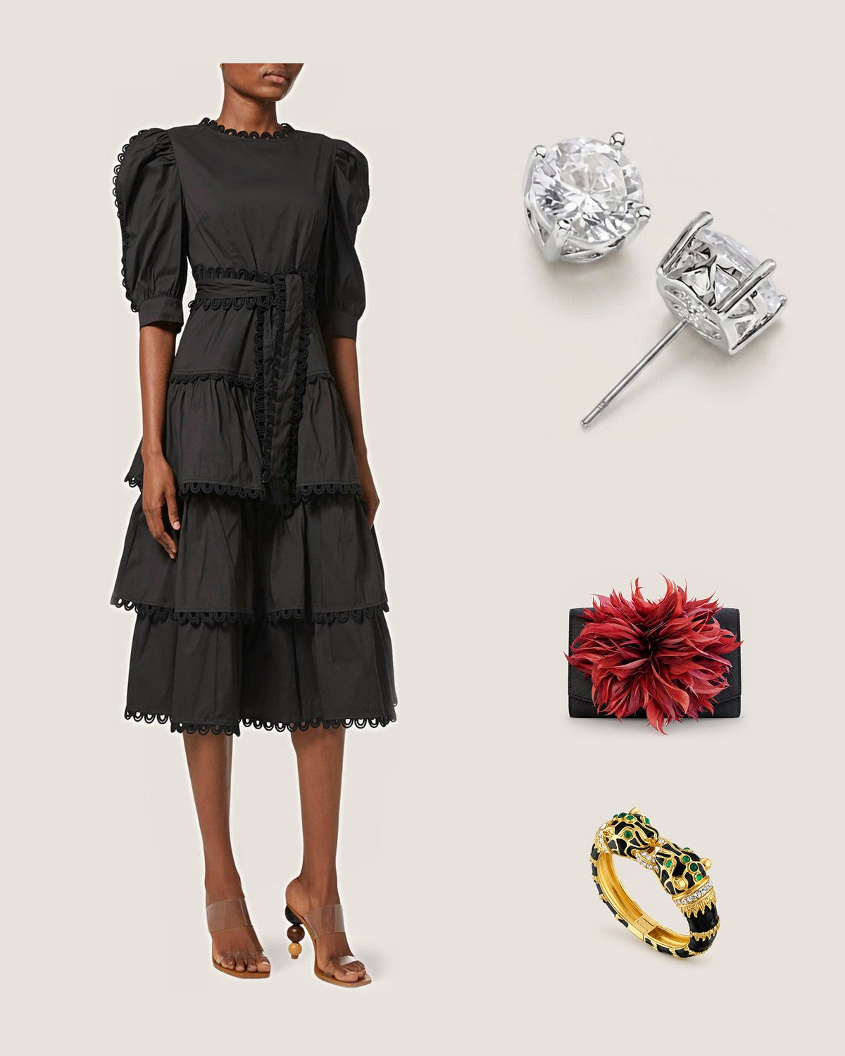 How to style the Classic Silver Sparkle Stud Earrings: with the Black Layered Half Sleeve Midi Dress, Black Scallop Ruby Feather Clutch and Black Enamel Double Panther Bracelet