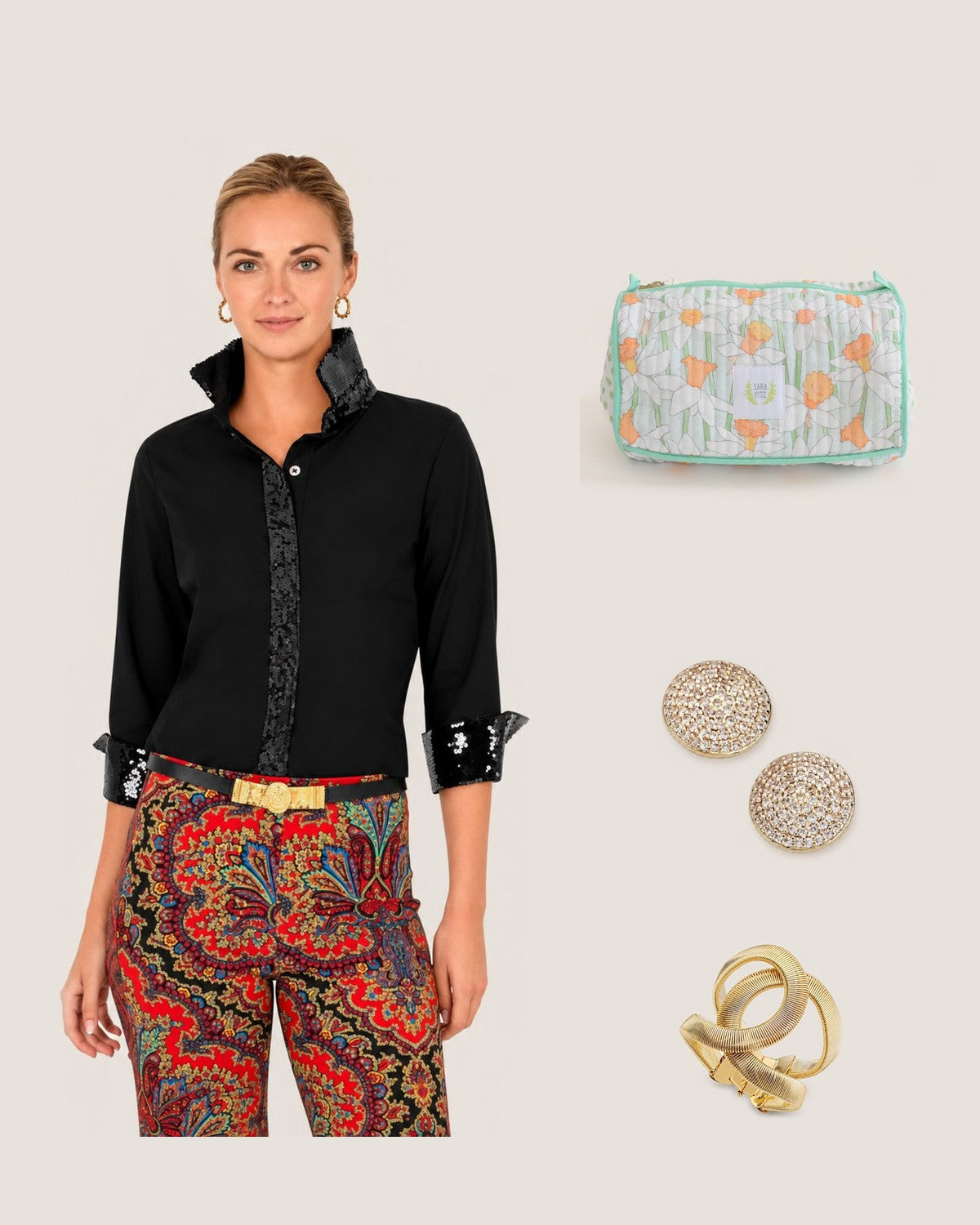 How to style the Daffy Daffodils Quilted Cosmetic Pouch by Sara Fitz: with the Black Twinkle Ex-Boyfriend Blouse, Luster Earrings and Giselle Bracelet