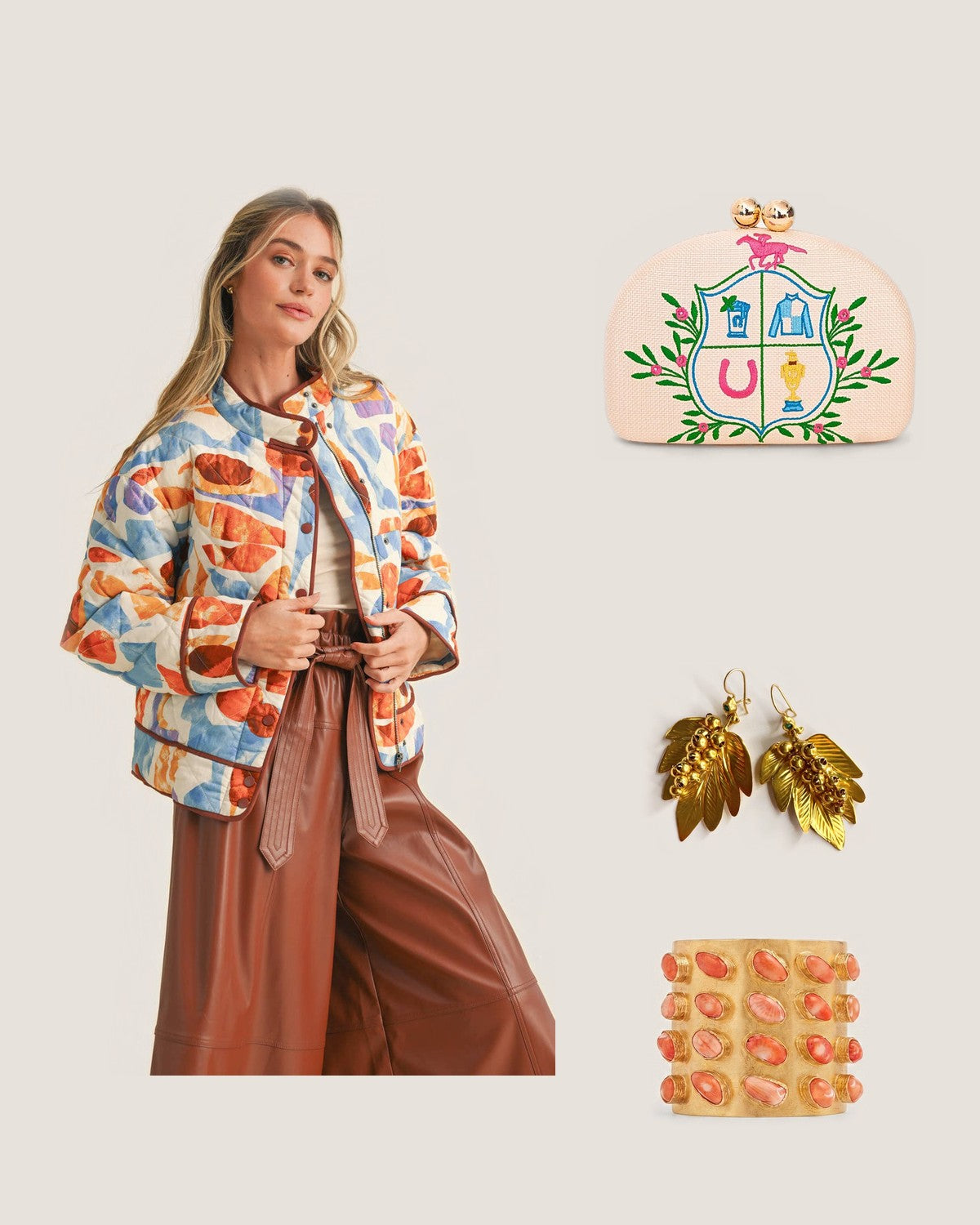 How to style the Derby Embroidered Clutch: with the Exclusive Print Quilted Jacket with Contrast Binding, Gabriella Leaf Earrings and Coral Legacy Cuff