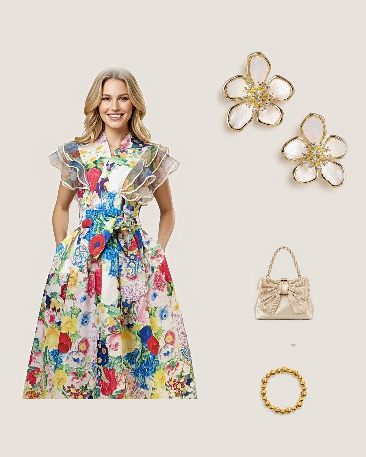 How to style the Elinore Petal Mother of Pearl Earrings: with the Jardin Bloom Dress | The Vivid Hue Edit, Samantha Bag | Metallic Bow Clutch with Convertible Chain Strap and Georgia Gold Beaded Bracelet (10mm & 8mm)