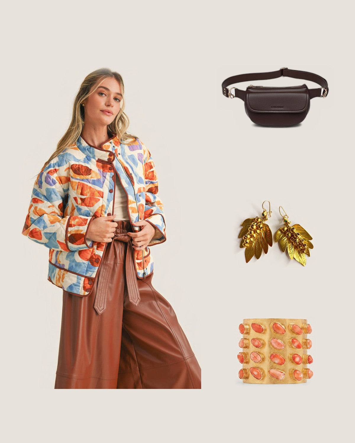 How to style Exclusive Print Quilted Jacket with Contrast Binding: with the Lola Chocolate Belt Bag, Gabriella Leaf Earrings and Coral Legacy Cuff