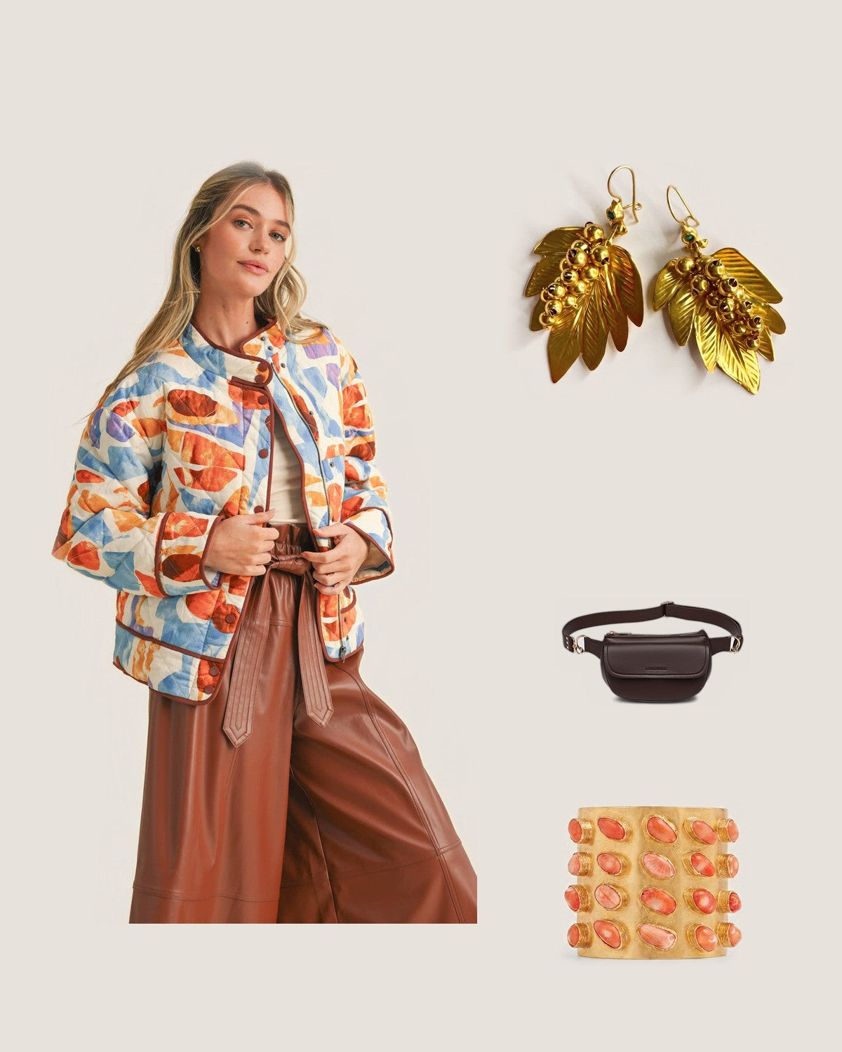How to style the Gabriella Leaf Earrings: with the Exclusive Print Quilted Jacket with Contrast Binding, Lola Chocolate Belt Bag and Coral Legacy Cuff