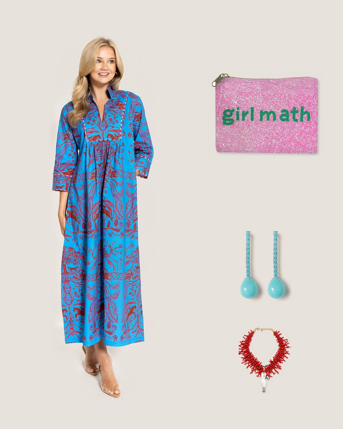 How to style the Girl Math Beaded Bag: with the Bit & Boll© Deb Dress Long with Tie, Turquoise Swingy Statement Earrings and Polly Bird & Sea Statement Necklace