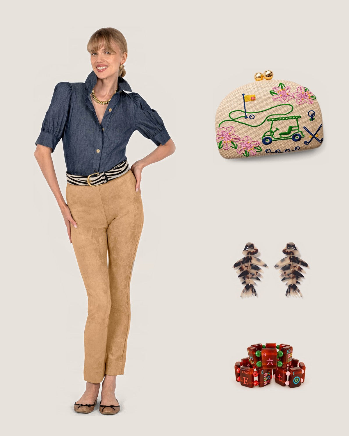 How to style the Golf Embroidered Clutch: with the Chambray Puff Sleeve Top, Blonde Tortoise Bonefish Acrylic Drop Earrings and Faux Tortoise Shell Mahjong Tile Bracelet