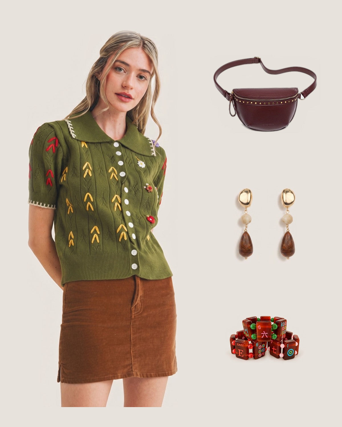 How to style Olive Embroidered Sweater Cardigan: with the Cassidy Burgundy Belt Bag, Dark Tortoise Color Marble Stone Teardrop Earrings and Faux Tortoise Shell Mahjong Tile Bracelet