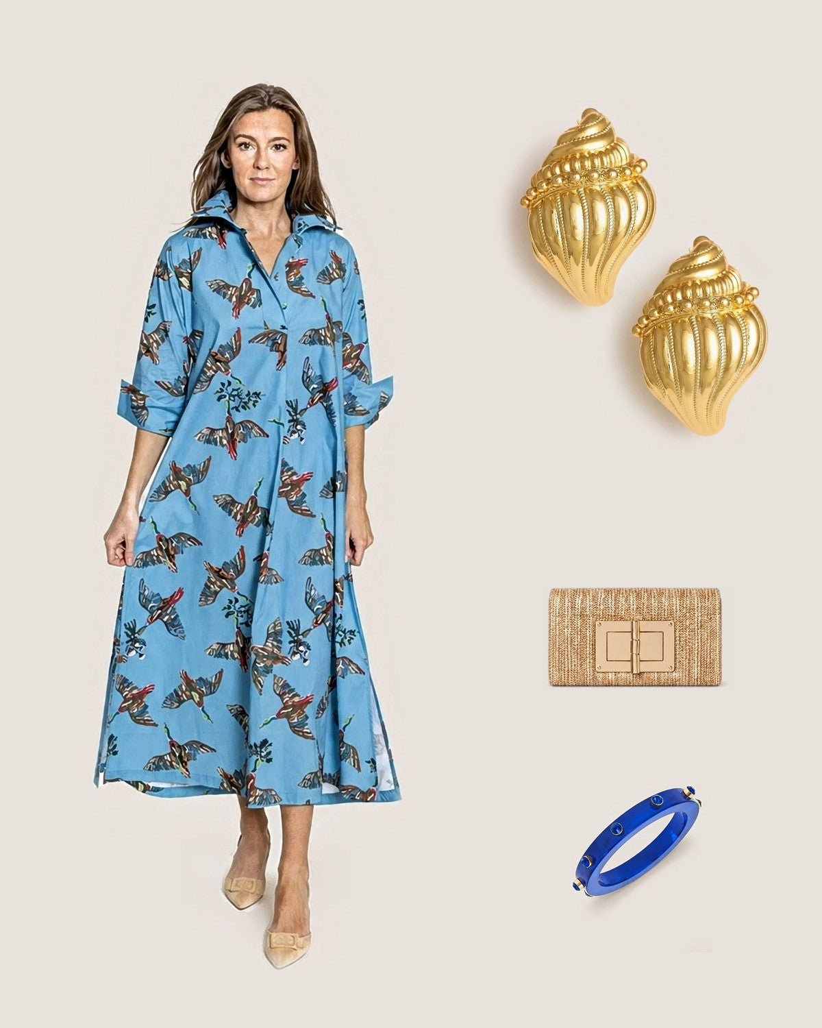 How to style the James Conch Shell Earrings: with the Berry Grove© Ruthie Shirt Dress Long with Tie, Gold Lillian Straw Clutch and Renee Blue Resin and Rhinestone Bangle
