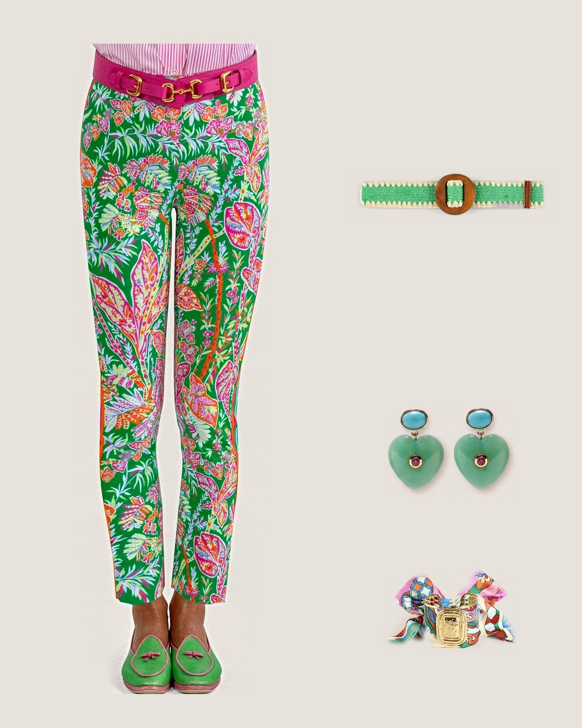 How to style the Kayla Green Belt: with the Vintage Vines in Kelly Green Gripeless Pull-On Pants, Lucky Heart Evil Eye Earrings – Jade Green Heart with Turquoise & Pink CZ and Evie Pink Multi Scarf Cuff – Large Gold Statement Scarf Cuff Bracelet