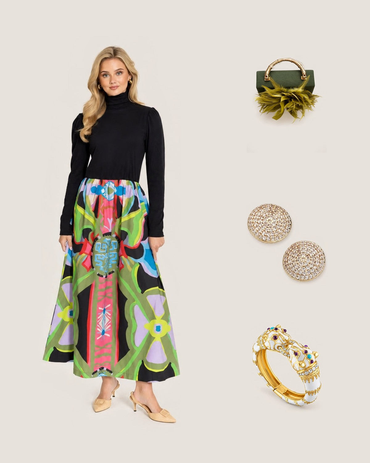 How to style Keaton© Mixed Media Turtle Neck Dress by House of MBR: with the Green Lulu Clutch with Lime Green Feather Plume, Luster Earrings and White Enamel Double Panther Bracelet