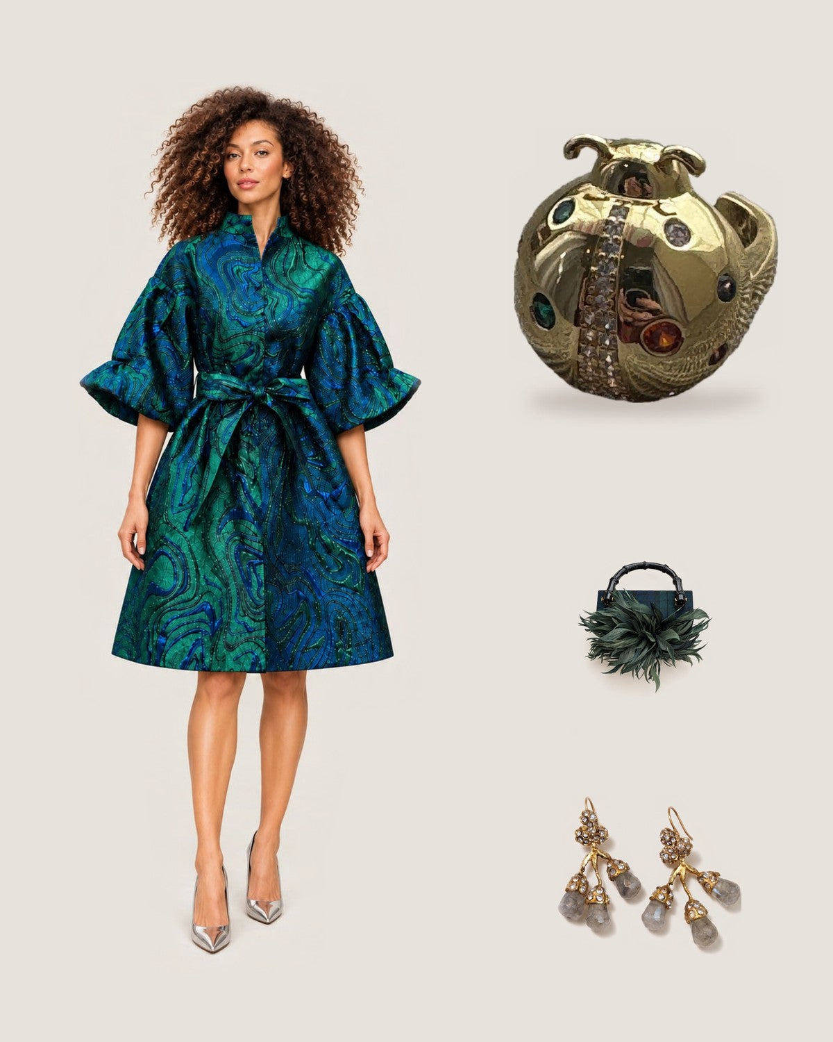 How to style the Lady Bug Lady Bug CZ Ring – Adjustable Gold Statement Ring: with the The Ellington Brocade Dress, Black Watch Lulu Clutch with Olive Feather Plume and Gemma Branch Earrings