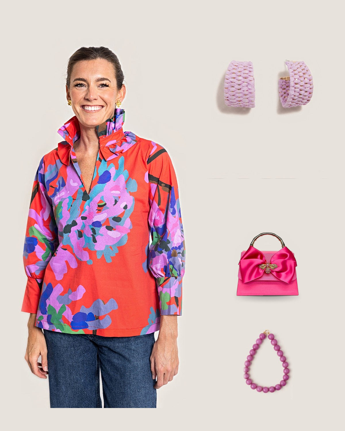 How to style the Lavender Woven Raffia Wide Hoop Earrings: with the Miss Scarlet© Harper Estate Top, Pink Lulu Rhinestone Bee Charm Handbag and Purple Iris Large Resin Bead Necklace