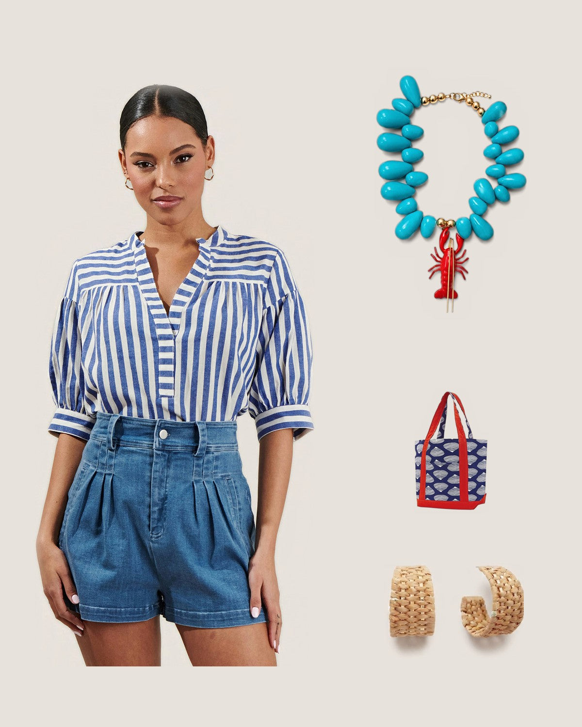 How to style the Lobster Kitsch & Sea Resin Bead Necklace: with the Catana Striped Split Neck Top, Clamshell Tote Bag – Kate Nelligan and Tan Woven Raffia Wide Hoop Earrings