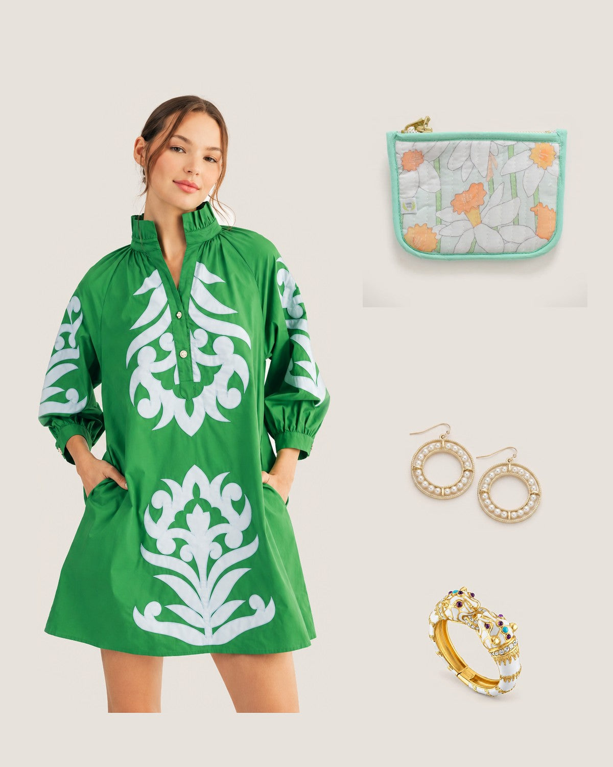 How to style the Daffy Coin Pouch by Sara Fitz: with the Worth Avenue Appliqué Shift Dress, Coconut Earrings and White Enamel Double Panther Bracelet