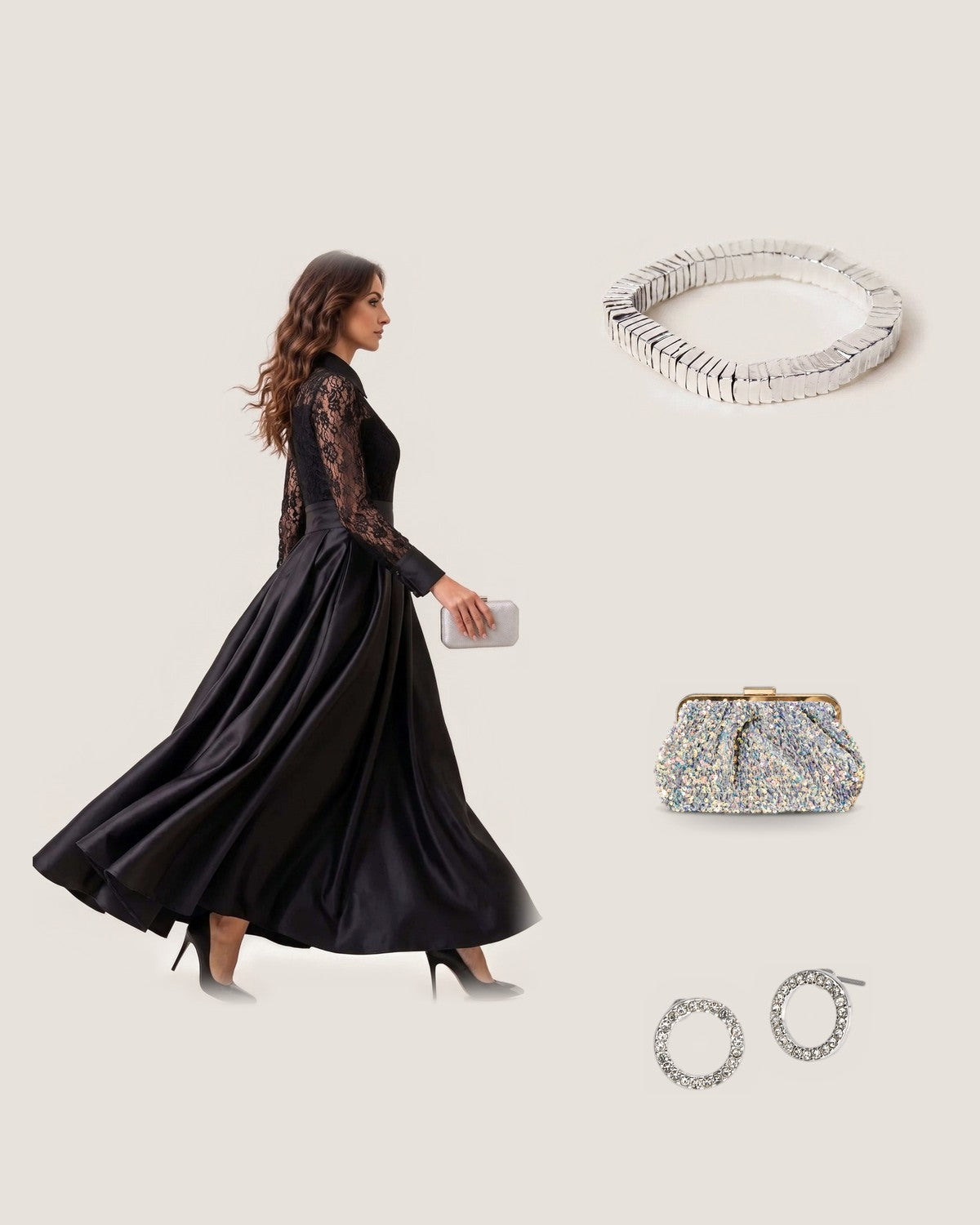 How to style the Lucille Silver Square Bead Stretch Bracelet: with the Midnight Romance Beaded Lace Maxi Dress, Trixie Sequin Clutch and Silver Crystal Eternity Stud Earrings
