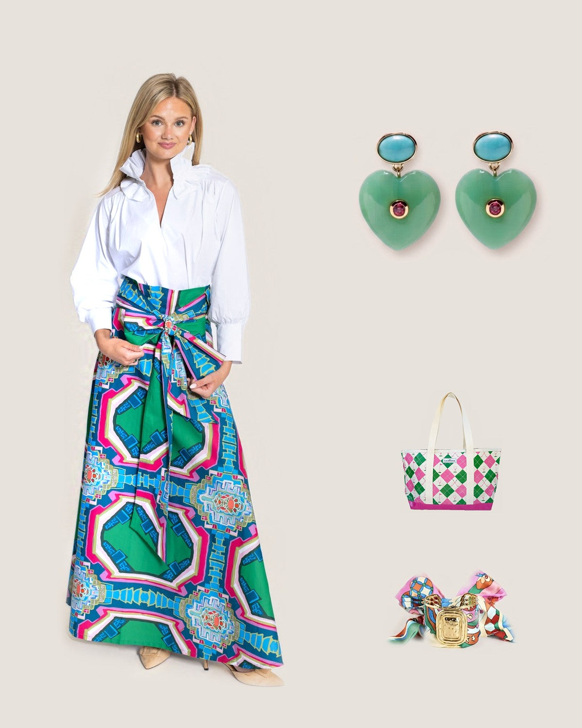 How to style the Lucky Heart Evil Eye Earrings – Jade Green Heart with Turquoise & Pink CZ: with the Portico© Brady Wrap Maxi Skirt, The Forevermore Golf Tote – Pink & Green Argyle and Evie Pink Multi Scarf Cuff – Large Gold Statement Scarf Cuff Bracelet
