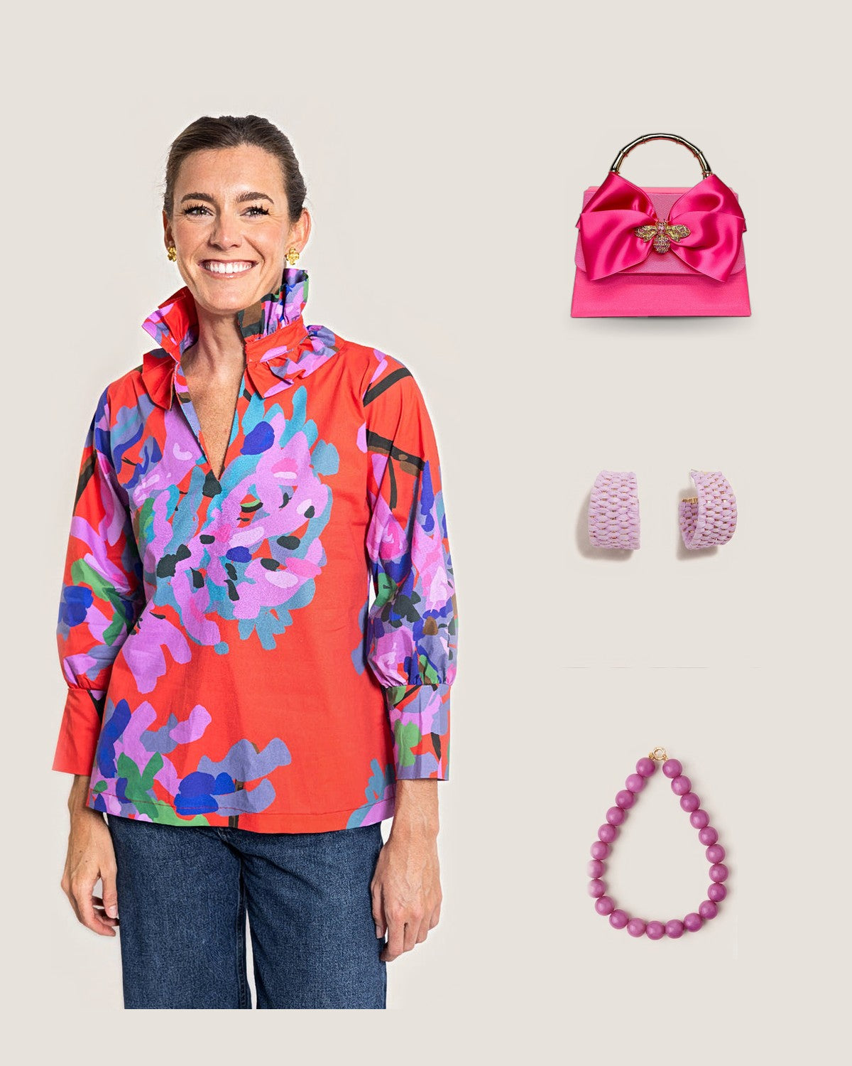 How to style Miss Scarlet© Harper Estate Top: with the Pink Lulu Rhinestone Bee Charm Handbag, Lavender Woven Raffia Wide Hoop Earrings and Purple Iris Large Resin Bead Necklace
