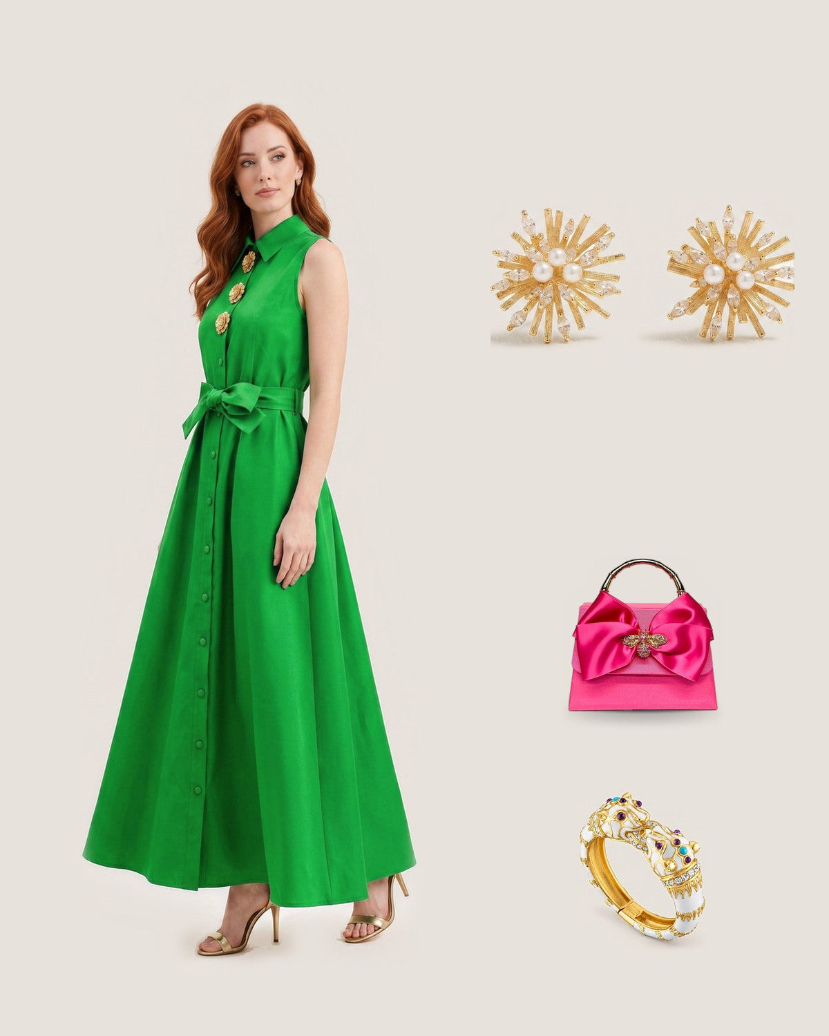How to style the Sunburst Earrings: with the Emerald Mikado Belted A-Line Maxi Dress, Pink Lulu Rhinestone Bee Charm Handbag and White Enamel Double Panther Bracelet
