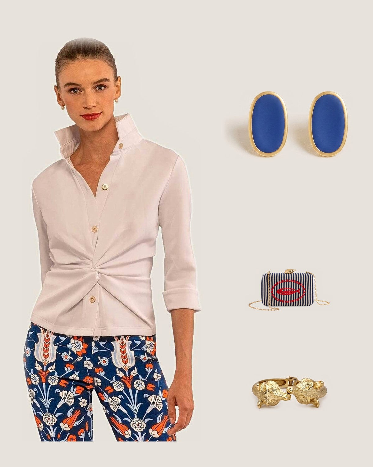 How to style the Navy Alexis Oval Enamel Post Earrings: with the White Jersey Twist & Shout Top, Navy Marina Minaudière Clutch and Golden Fox Hinged Bracelet