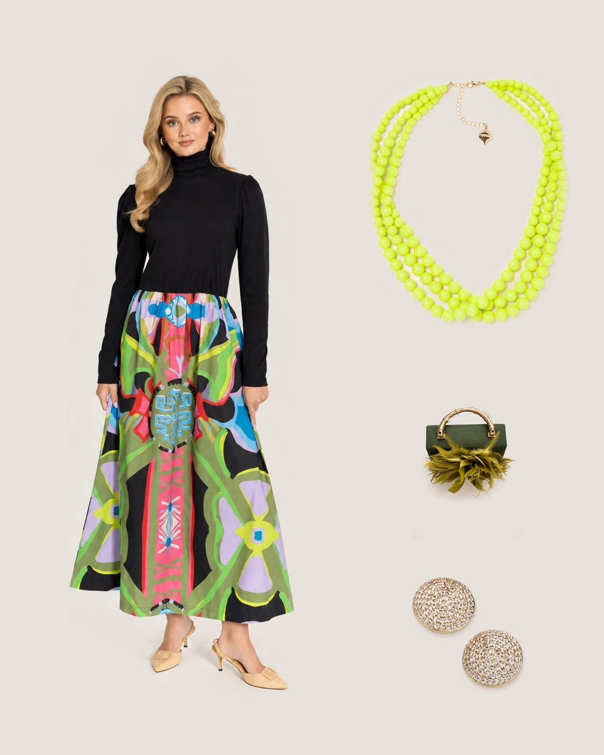 How to style the Neon Yellow Winnie Triple-Strand Beaded Necklace: with the Keaton© Mixed Media Turtle Neck Dress by House of MBR, Green Lulu Clutch with Lime Green Feather Plume and Luster Earrings