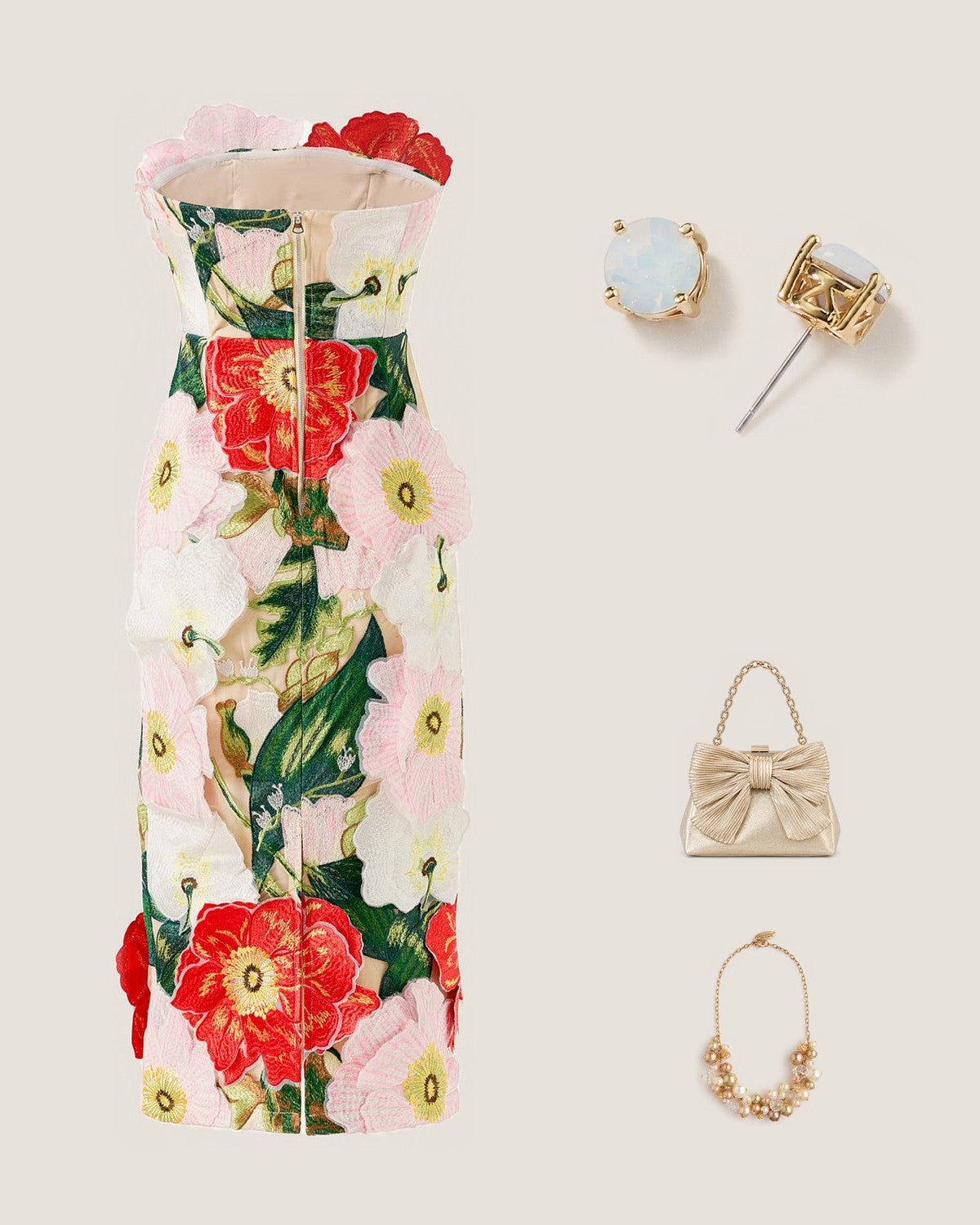 How to style the Opal Statement Stud Earrings: with the Camellia Garden Embroidered Strapless Midi Dress, Samantha Bag | Metallic Bow Clutch with Convertible Chain Strap and Pearl Charm Necklace