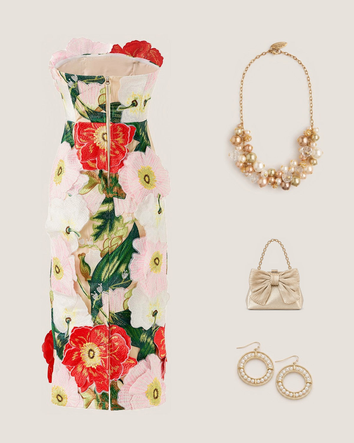 How to style the Pearl Charm Necklace: with the Camellia Garden Embroidered Strapless Midi Dress, Samantha Bag | Metallic Bow Clutch with Convertible Chain Strap and Coconut Earrings