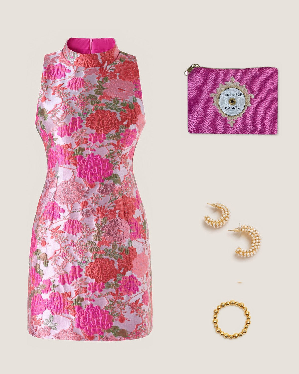 How to style the Press for Chanel Beaded Bag: with the The Garden Party Dress, Blakely Pearl Hoop Earrings and Georgia Gold Beaded Bracelet (10mm & 8mm)