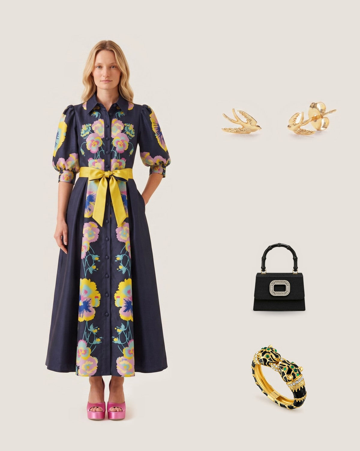 How to style the Swallow Bird Stud Earrings: with the Mikado Floral Puff Short Sleeve Dress, Black Faille Lulu with Rhinestone Buckle and Black Enamel Double Panther Bracelet