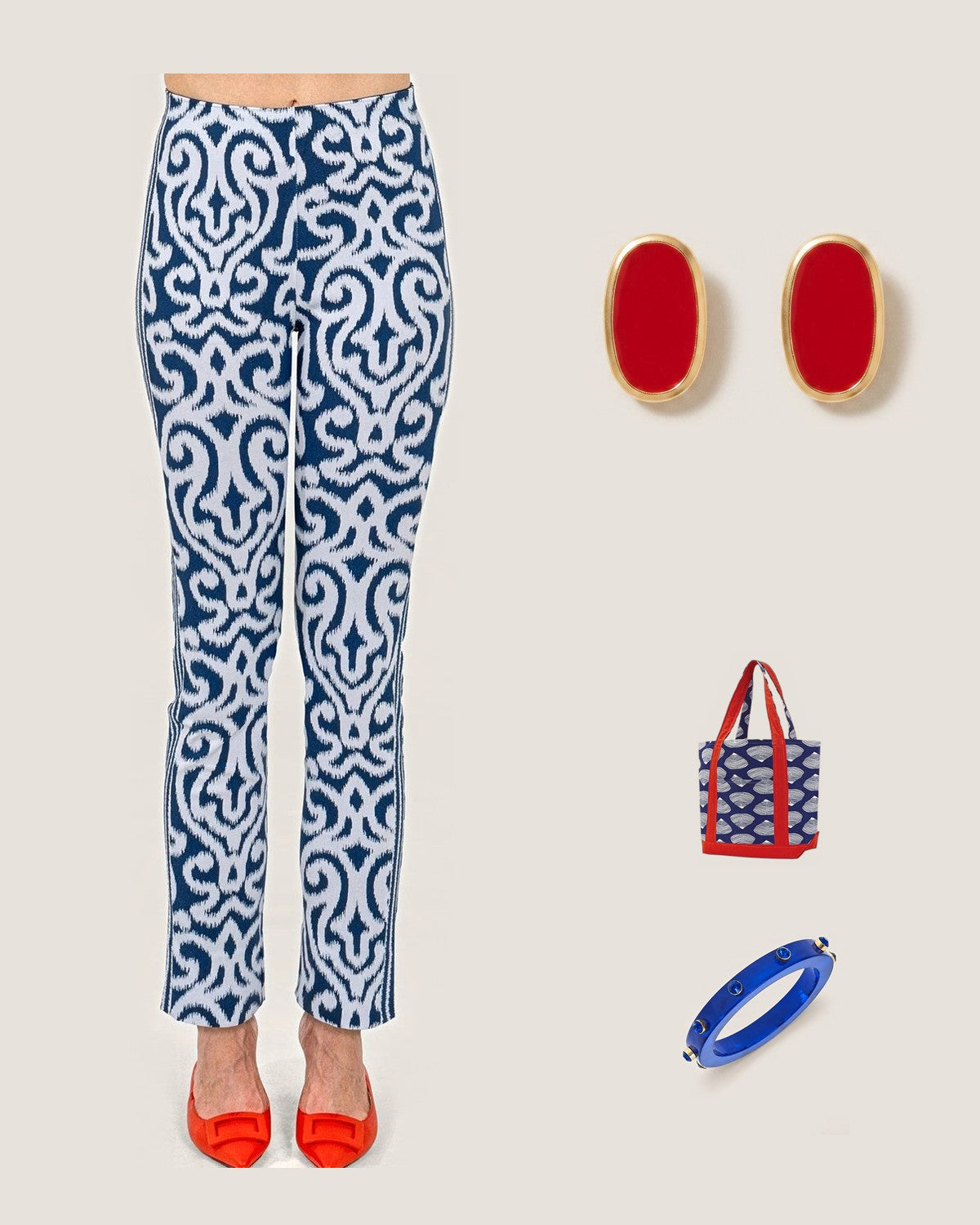 How to style the Red Alexis Oval Enamel Post Earrings: with the Arabesque Pull-On Pants in Navy, Clamshell Tote Bag – Kate Nelligan and Renee Blue Resin and Rhinestone Bangle