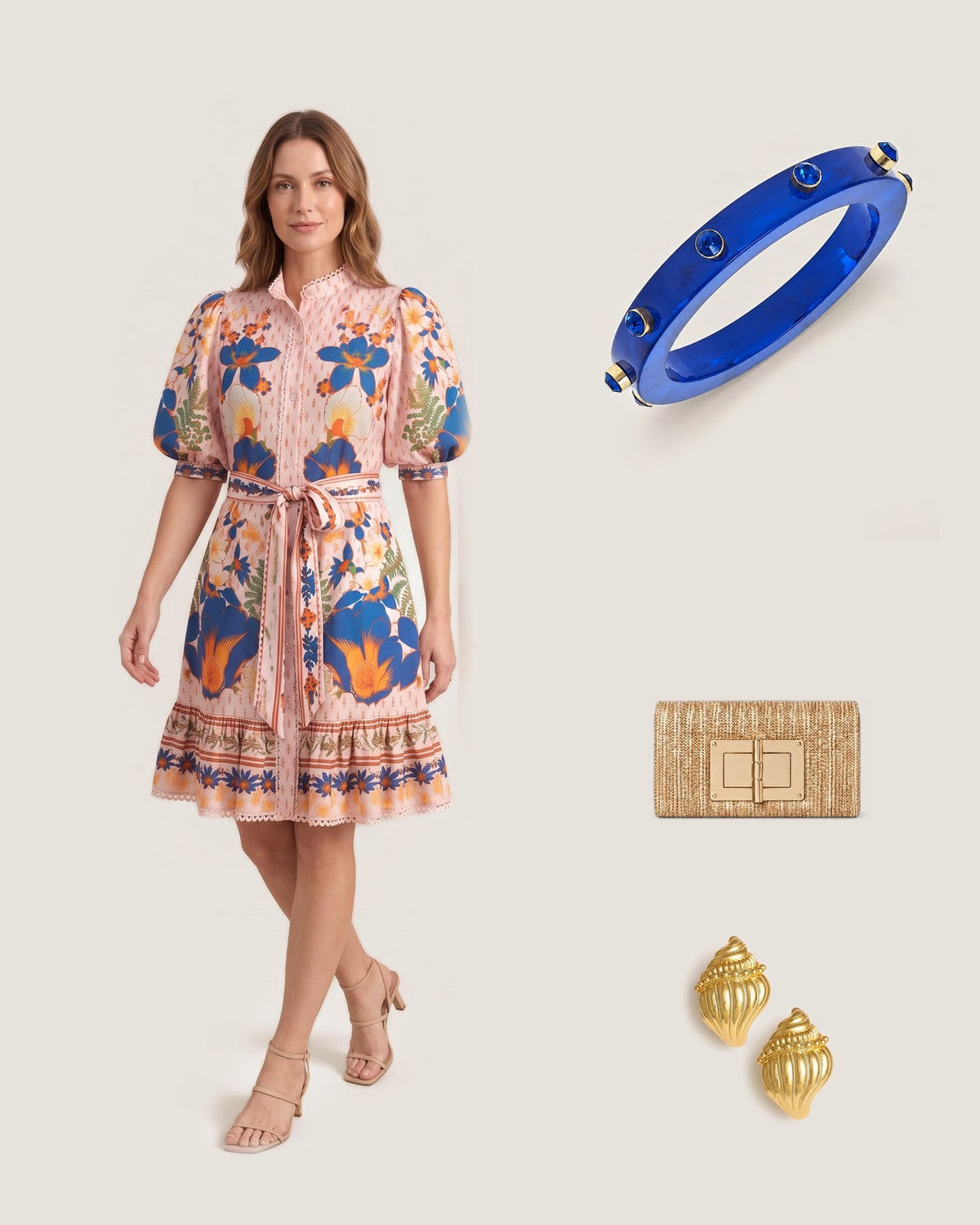 How to style the Renee Blue Resin and Rhinestone Bangle: with the Marseille Garden Dress, Gold Lillian Straw Clutch and James Conch Shell Earrings