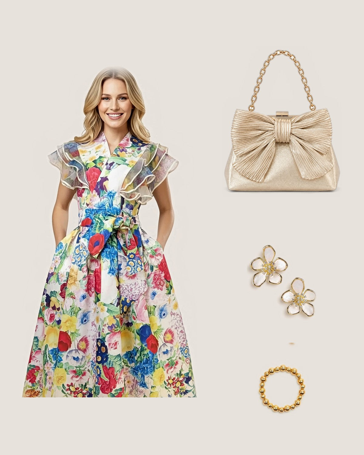 How to style the Samantha Bag | Metallic Bow Clutch with Convertible Chain Strap: with the Jardin Bloom Dress | The Vivid Hue Edit, Elinore Petal Mother of Pearl Earrings and Georgia Gold Beaded Bracelet (10mm & 8mm)