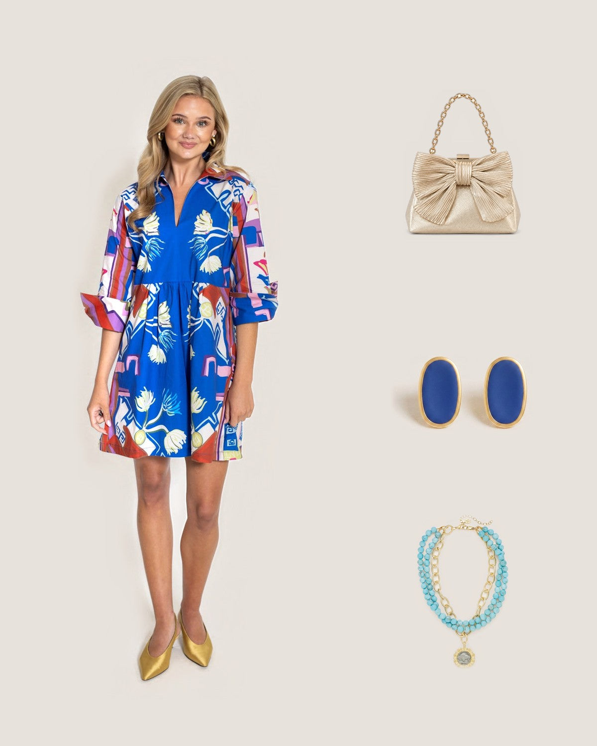 How to style Sapphire© Blythe Empire Dress Short: with the Samantha Bag | Metallic Bow Clutch with Convertible Chain Strap, Navy Alexis Oval Enamel Post Earrings and Gold and Buffalo Nickel on 3 Row Matte Turquoise Necklace