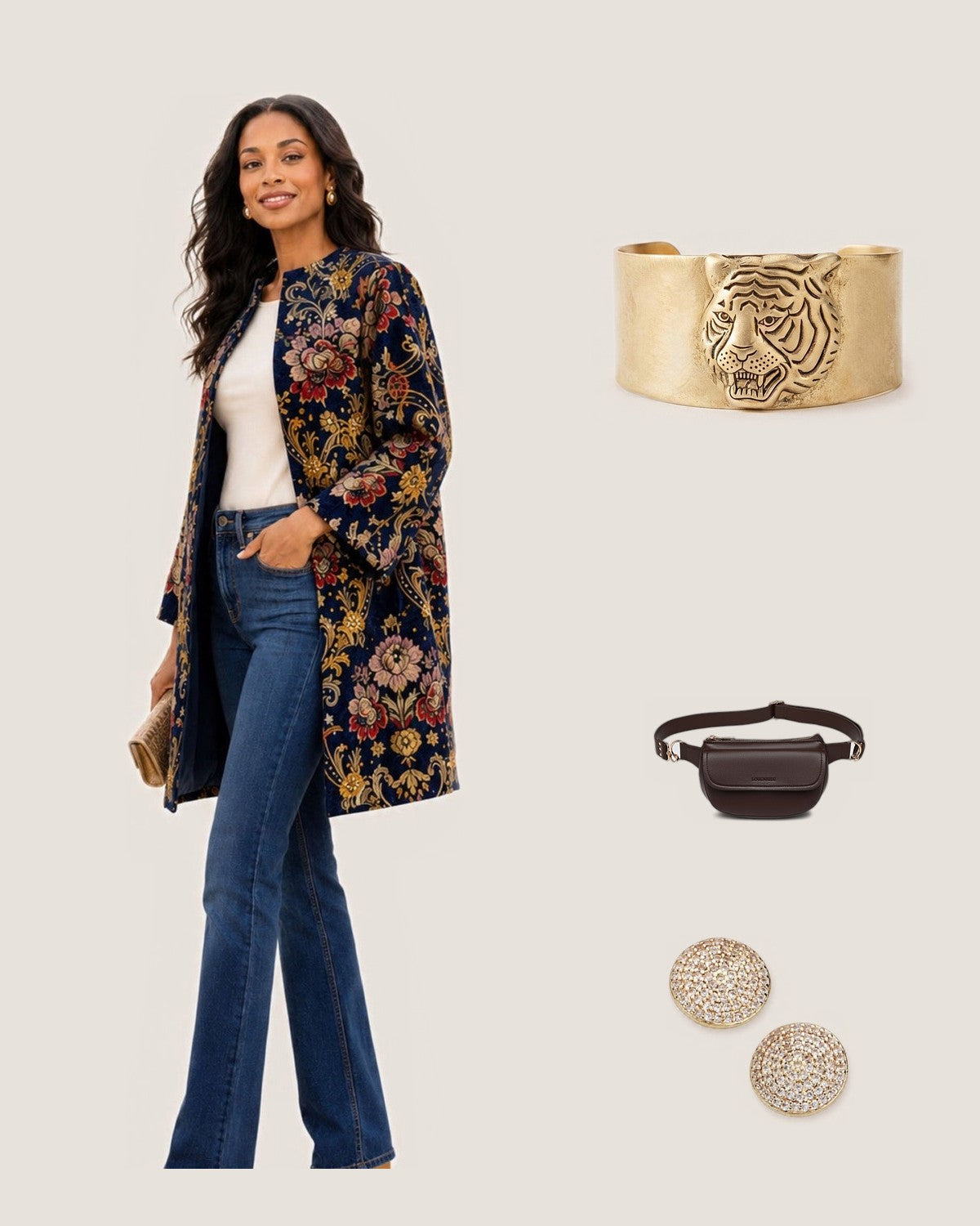 How to style the Tarina Tiger Head Cuff: with the Artisan Studded Corduroy Long Coat, Lola Chocolate Belt Bag and Luster Earrings