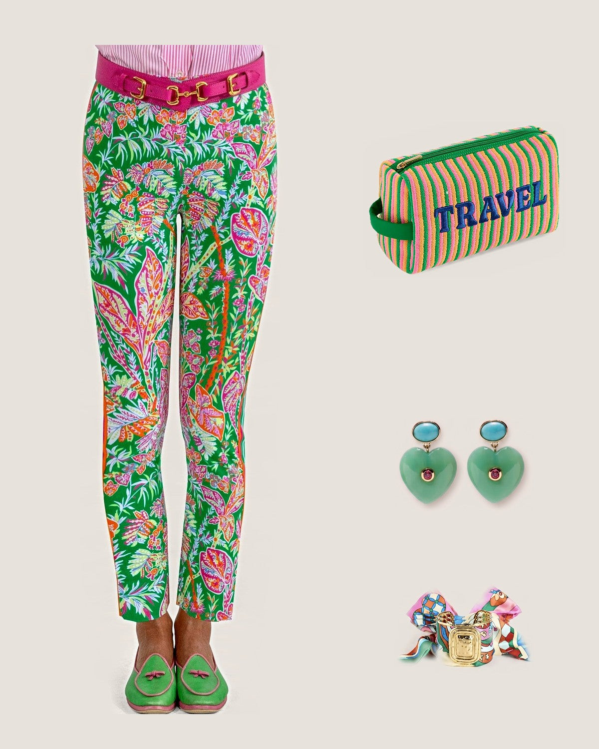 How to style the Travel Medium Zip Pouch: with the Vintage Vines in Kelly Green Gripeless Pull-On Pants, Lucky Heart Evil Eye Earrings – Jade Green Heart with Turquoise & Pink CZ and Evie Pink Multi Scarf Cuff – Large Gold Statement Scarf Cuff Bracelet