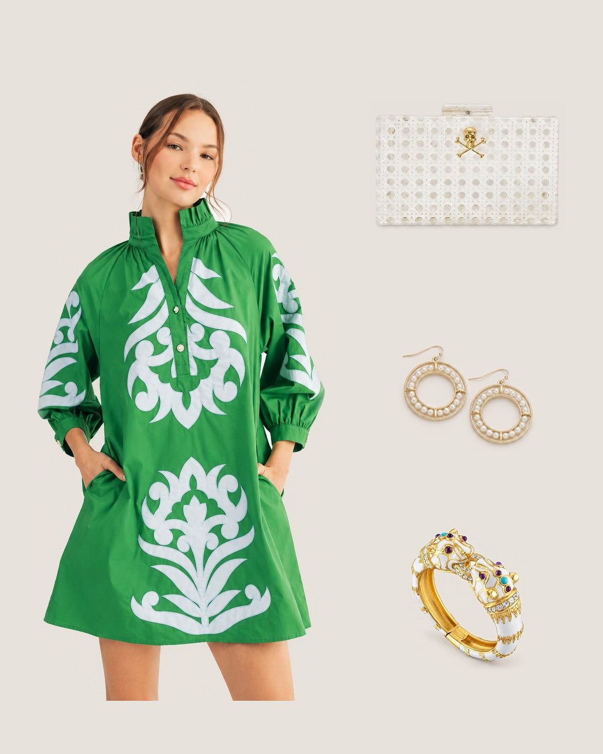 How to style Worth Avenue Appliqué Shift Dress: with the White Breakers Clutch – Customizable Minaudière, Coconut Earrings and White Enamel Double Panther Bracelet