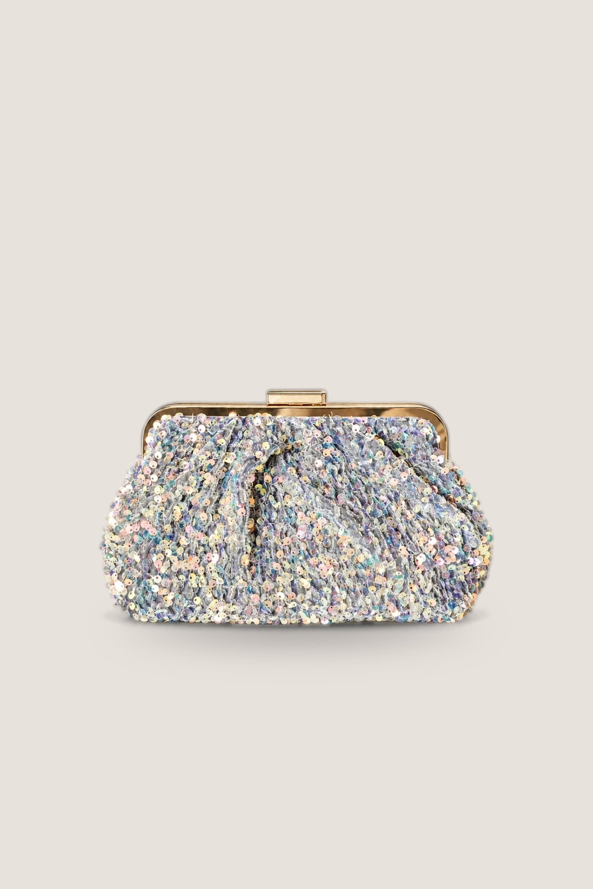 The Trixie Sequin Clutch covered in iridescent silver and lilac sequins with a gold frame and clasp, shown front on.