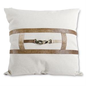Square Linen Pillow with Genuine Hide Stripes and Brass Buckle