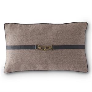Brown and Tan Wool Pillow with Leather and Brass Accents