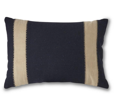 20" Rectangular Navy Blue w/ Cream Hand Embroidered Stripes Pillow