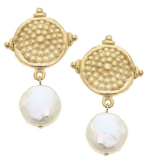 Handcast Gold Dotted Top with Genuine Freshwater Coin Pearl Pierced Earrings