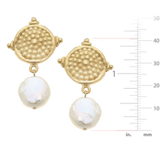 Handcast Gold Dotted Top with Genuine Freshwater Coin Pearl Pierced Earrings