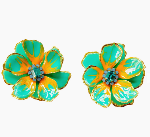 The Pink Reef Turquoise Large Hand Painted Jewel Box Floral Earrings