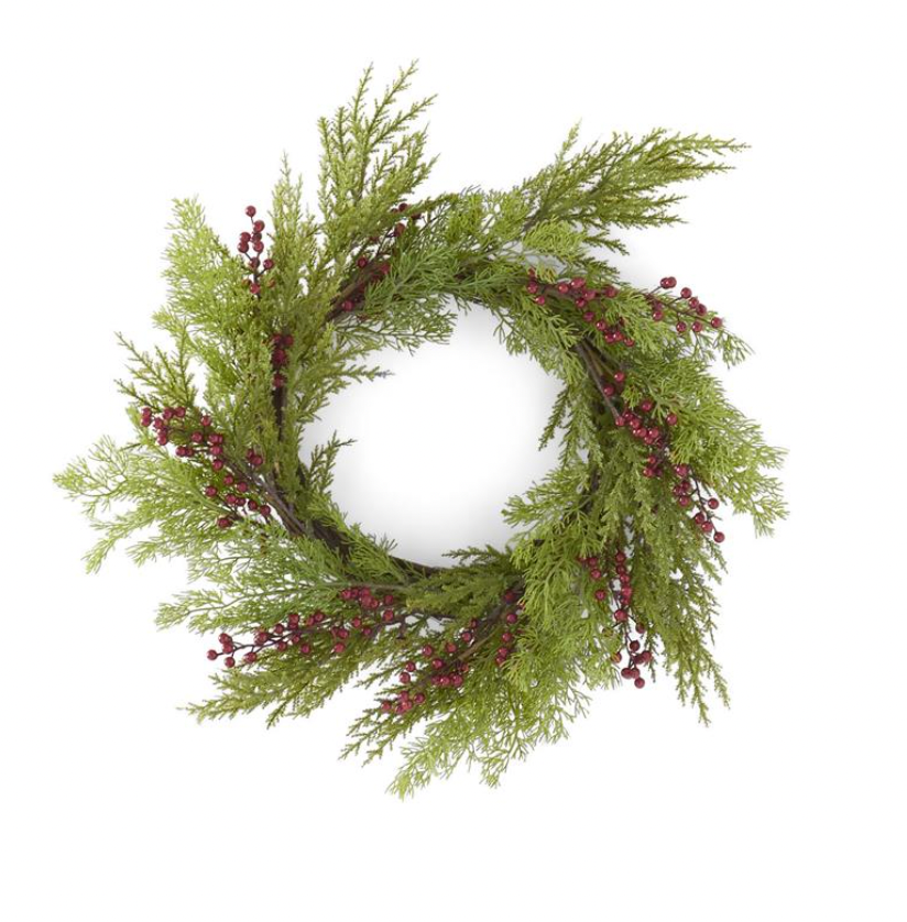 20 Inch Juniper & Cypress Pine Wreath w/Red Berries