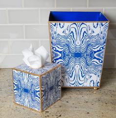 Blue Faux Bois Enameled Wastebasket