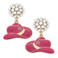 Cowboy Hat Pink Enamel Pearl Cluster Earrings