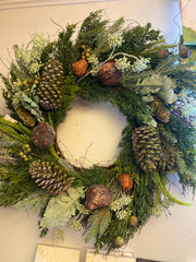26" Round Faux Greenery Wreath with Pinecones