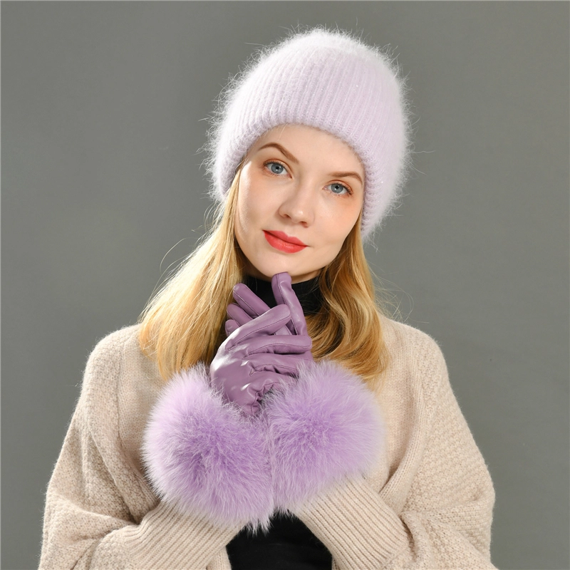 Lavender Gloves Genuine Leather with Fox Fur
