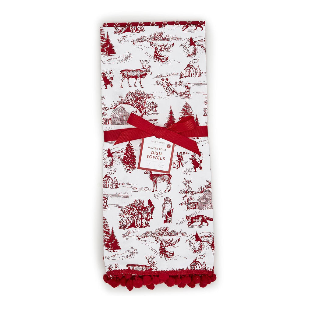 Red Winter Toile Tea Towel Set