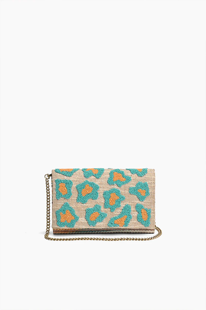 Wild Leopard Clutch in Turquoise and Coral