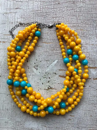 Golden Yellow and Turquoise Beaded Sylvie Necklace