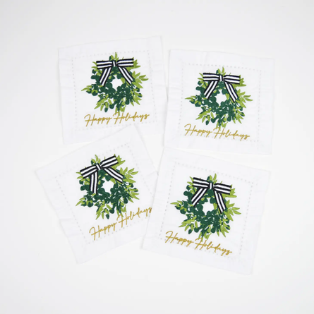 Holiday Wreath Embroidered Cocktail Napkin Set/4
