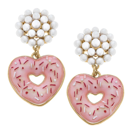 Heart Shape Doughnut Enamel Drop Earrings with Pearls